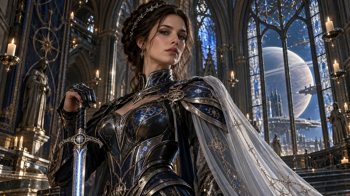 Celestial runeblade empress inside a gothic starship cathedral generated by GPT Image 2.5 Sunburst