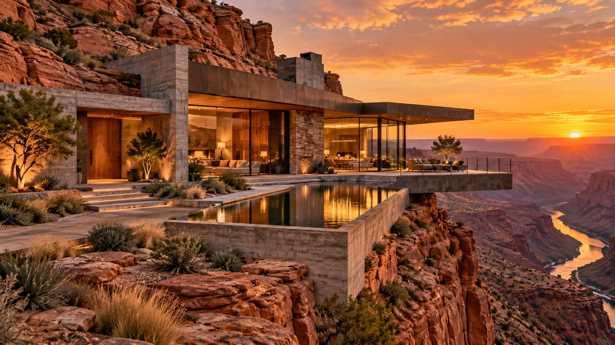 Contemporary concrete and glass house embedded in a desert cliff at sunset