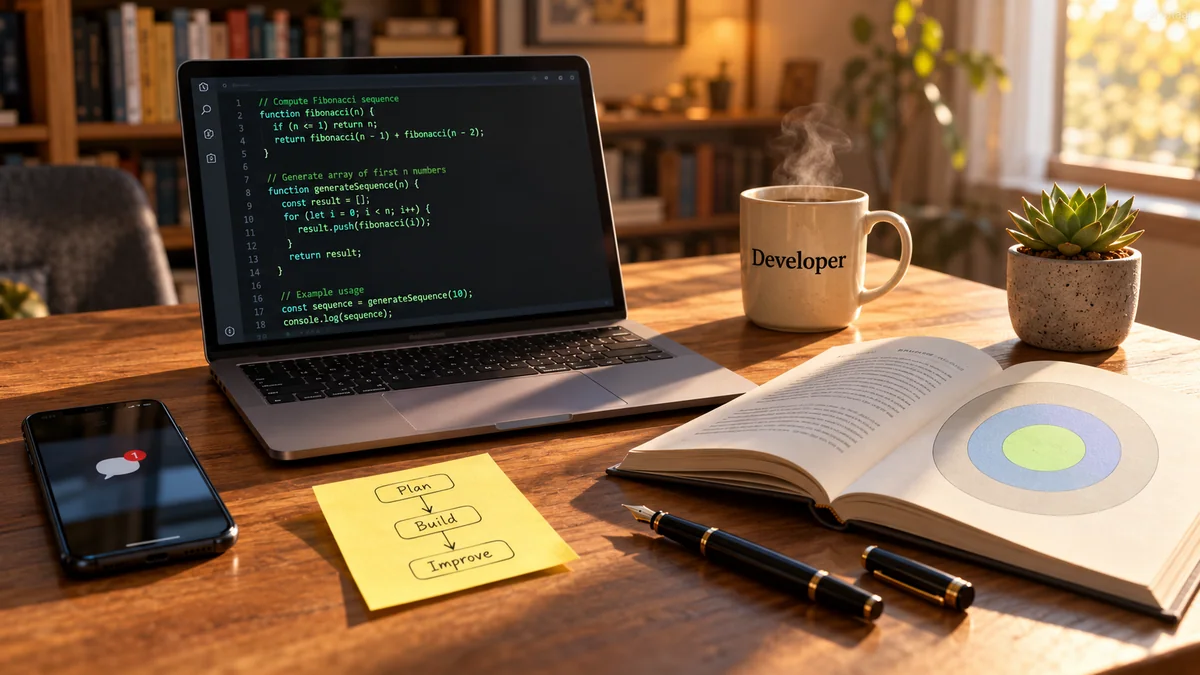 Developer desk with a coding laptop, steaming mug, open diagram book, phone, notes, pen, and succulent