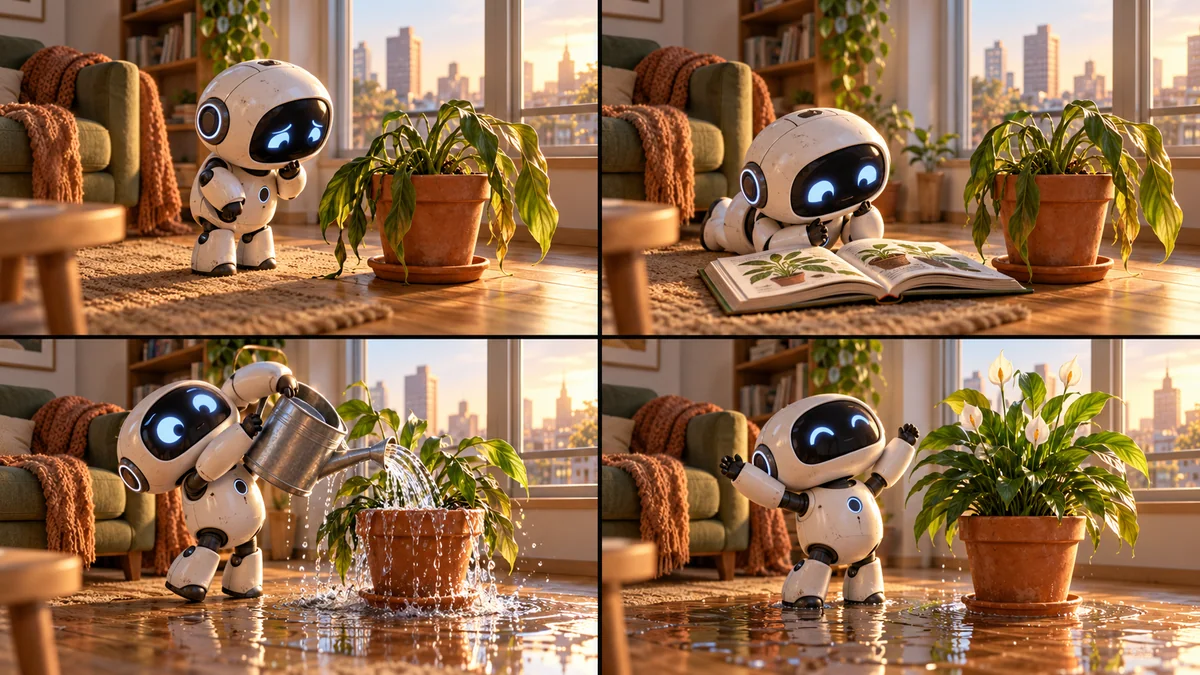 Four-panel comic about a robot caring for a houseplant generated by GPT Image 2.5 Sunburst