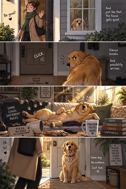 Four-panel comic about a pet at home generated by GPT Image 2.5 Sunburst