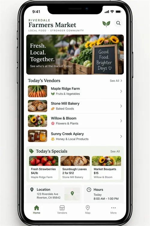 Farmers market mobile app mockup generated by GPT Image 2.5 Sunburst