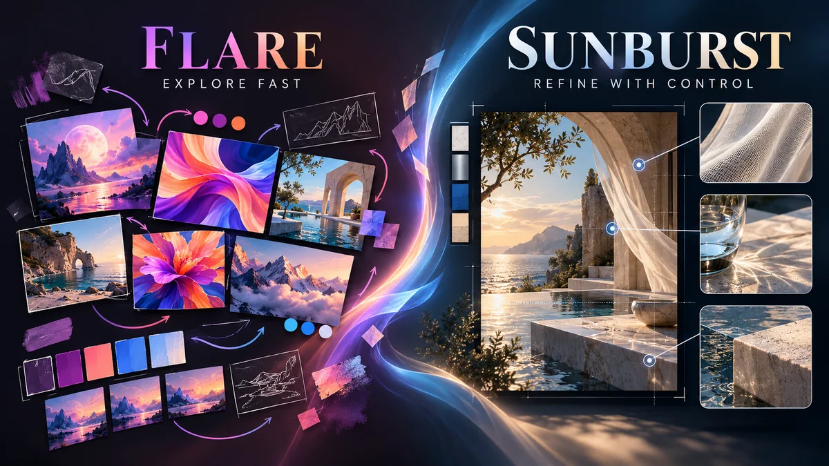 Flare shown as rapid creative exploration and Sunburst shown as controlled detail refinement