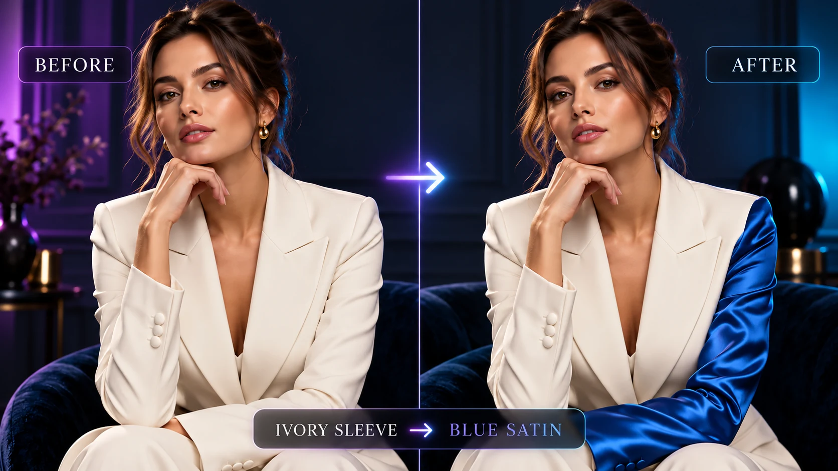 The same fashion portrait before and after one sleeve is changed to blue satin