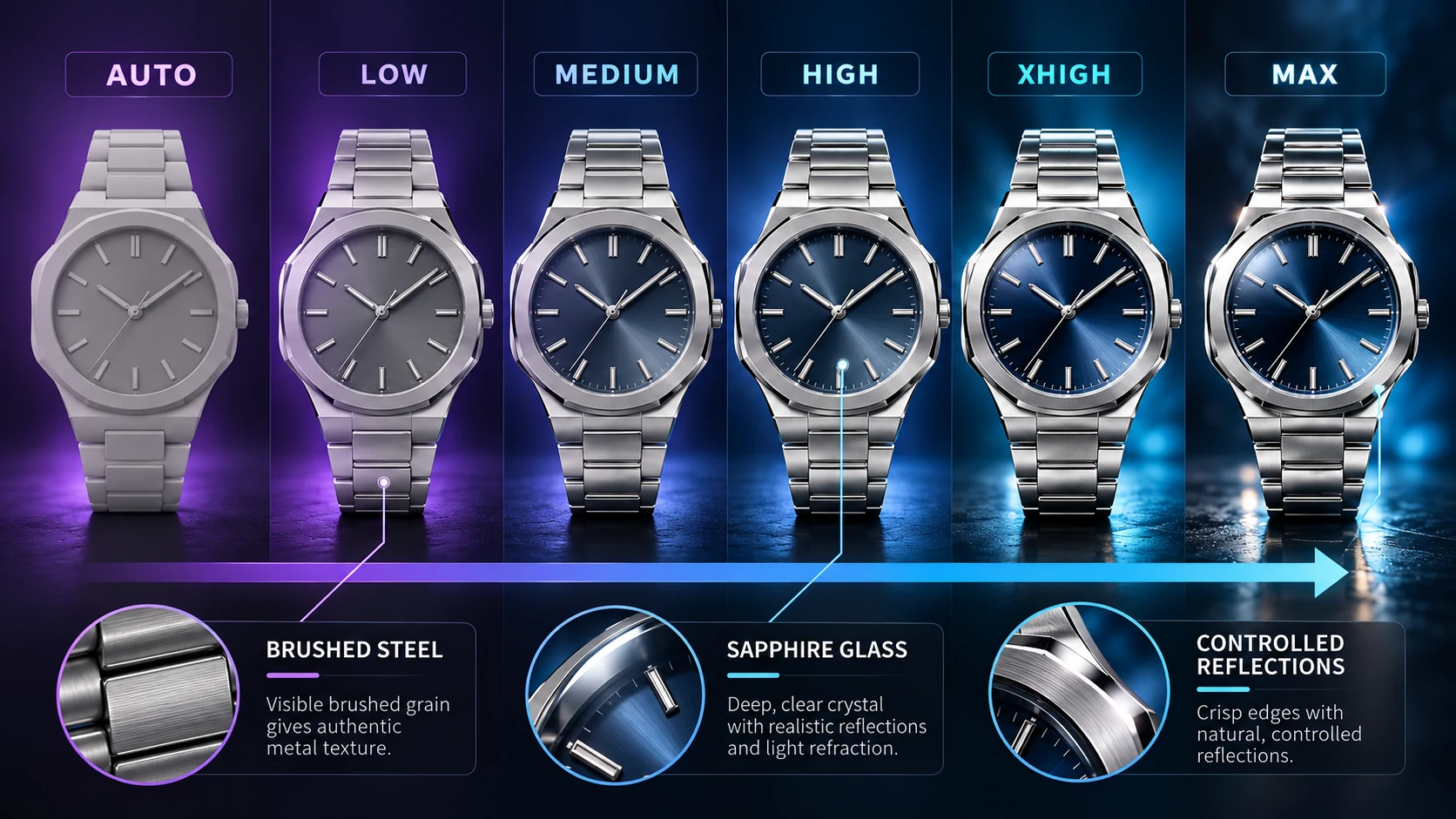 One silver watch progressing through six levels of visual detail and material quality